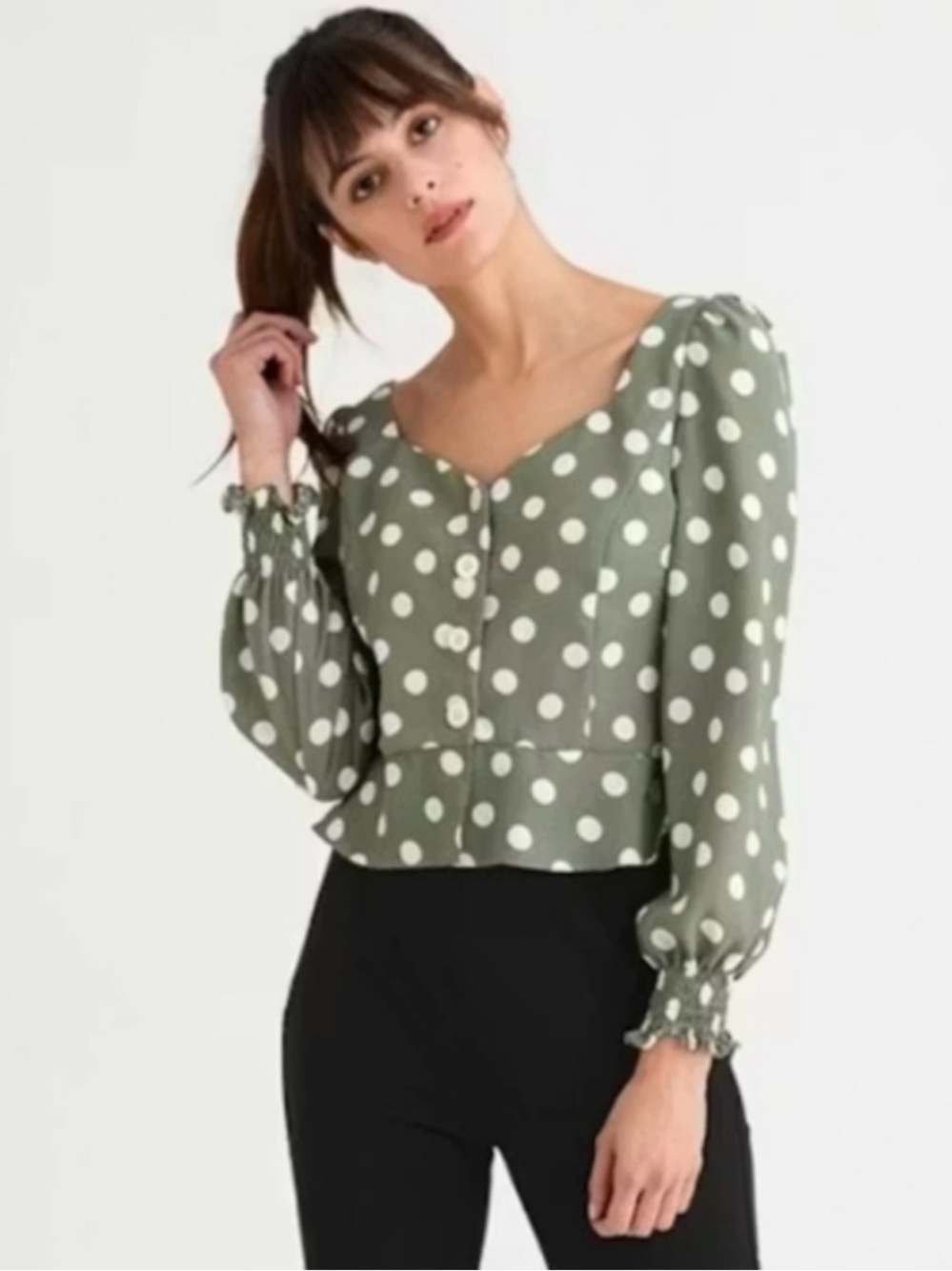 Petite Studio Olive and White Polka Dot Puff-Sleeve Peplum Blouse